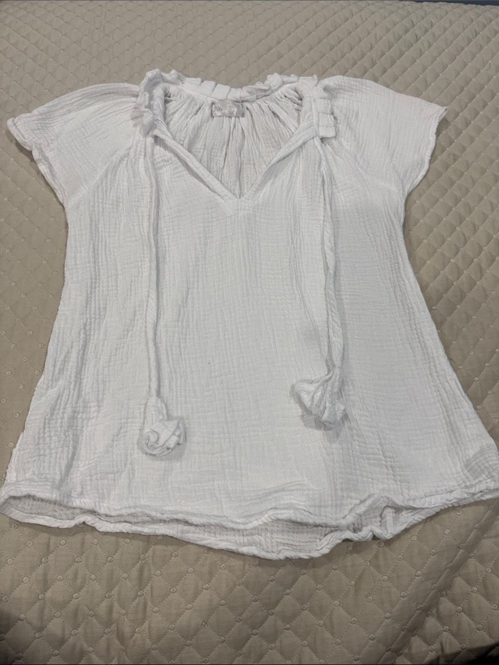 Women's White Gauze Tie-Neck Short Sleeve Tunic